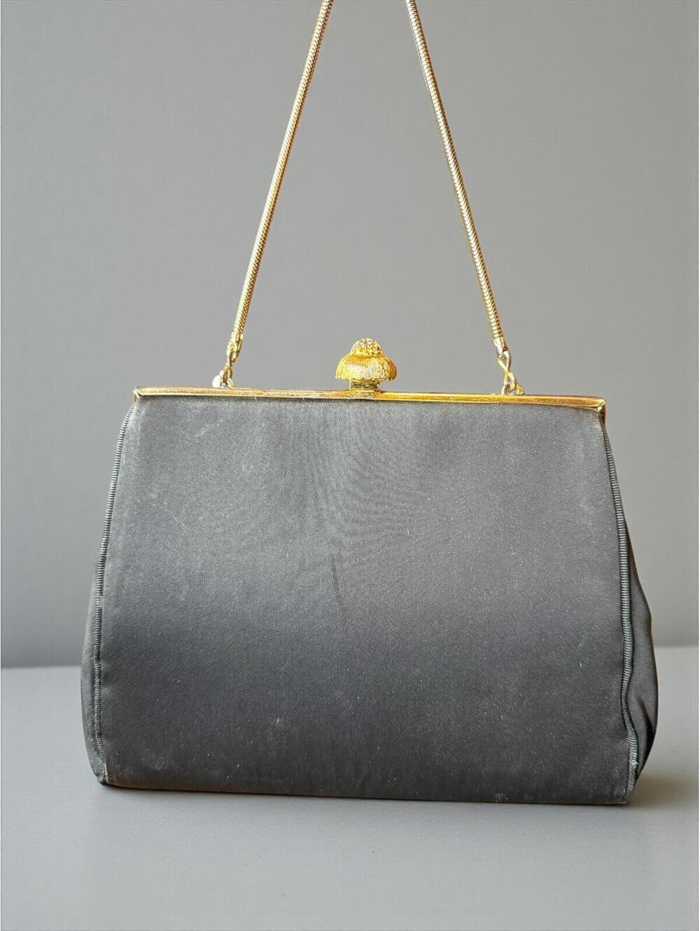 1960s Harry Levine Black Evening Clutch Gold Frame Chain Strap  Made in U.S.A.